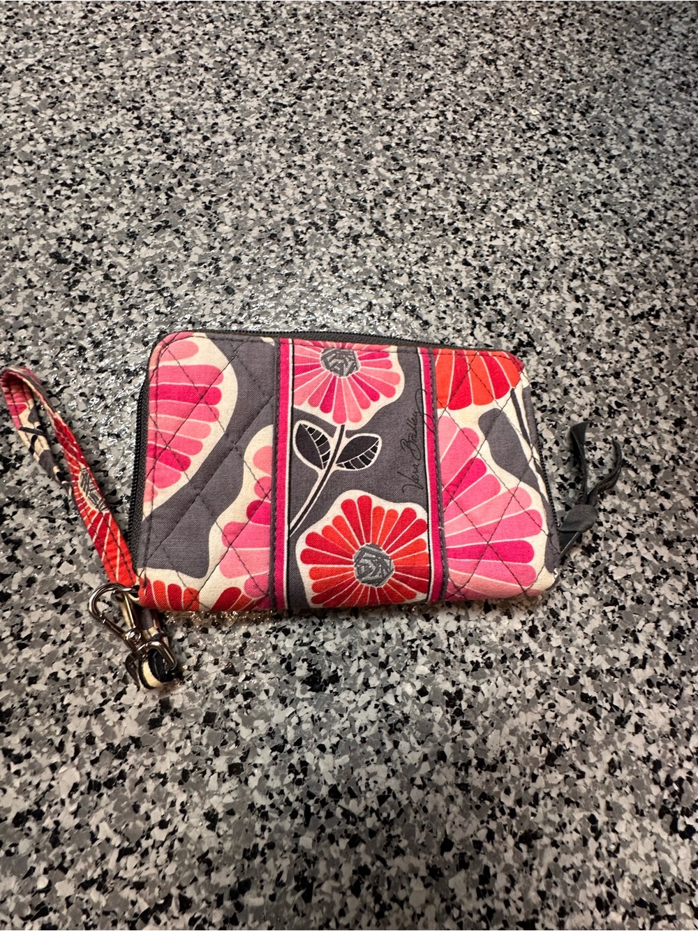 Vera Bradley Pink & Gray Floral Quilted Wristlet with Red Accents